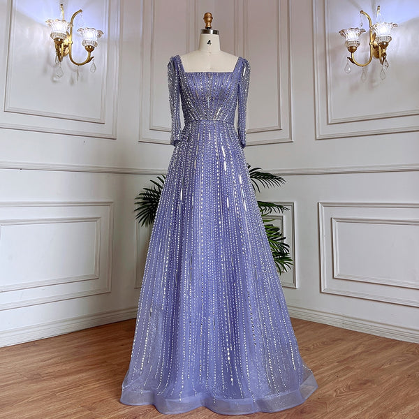 Serene Hill Muslim Lilac A Line Square Collar Beaded Luxury Dubai Evening Dresses Gowns For Women Wedding Party 2025 LA71985
