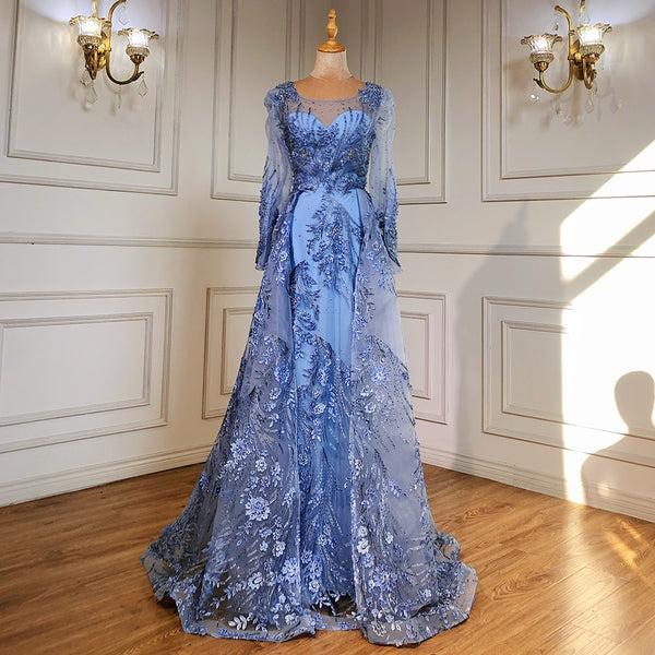 Serene Hill Muslim Luxury Blue Evening Dresses Gowns 2025 Beaded Mermaid Overskirt For Woman Party  LA71460