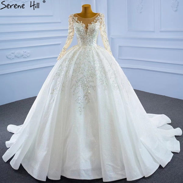 Serene Hill Muslim Luxury Wedding Dresses 2025 Beading Pearls Sexy With Train Bridal Dress HM67257 Custom Made