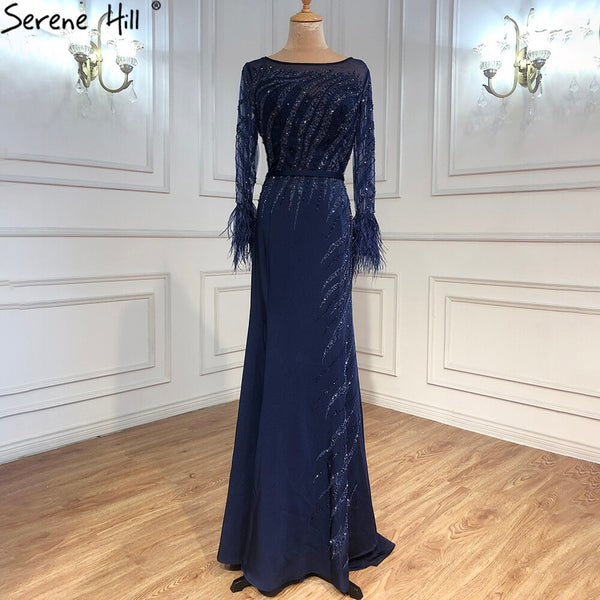 Serene Hill Muslim Navy Blue Meramaid Evening Dresses Gowns 2025 Luxury Elegant Beaded Feather For Women Party LA70978A
