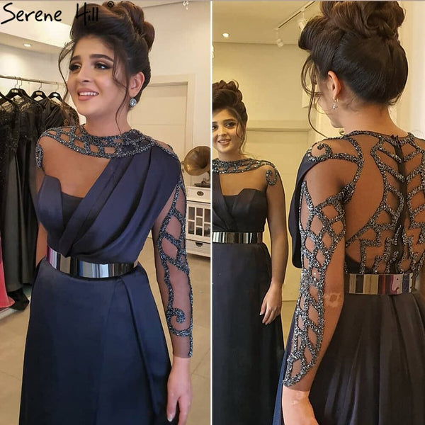 Serene Hill Muslim Navy Blue Satin A-Line Evening Dresses 2025 Beaded Sashes Party Gowns For Woman LA71138