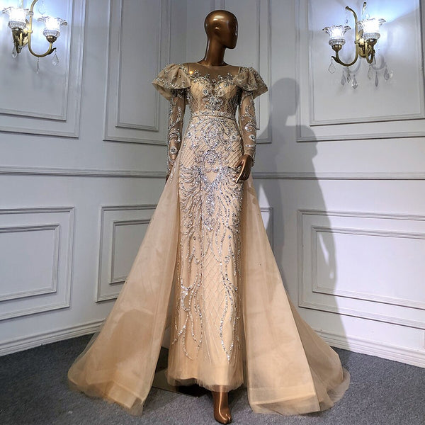 Serene Hill Muslim Nude Balloon Sleeves Beaded Mermaid Evening Dresses Gowns 2025  Luxury With Overskirt For Woman Party LA71352