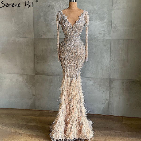 Serene Hill Muslim Nude Meramid Luxury Evening Dresses Gowns Beaded Feathers Elegant 2025 For Women Party LA71093