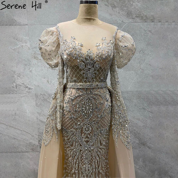 Serene Hill Muslim Nude Silver Mermaid Evening Dresses Gowns 2025 Beaded Elegant Luxury Overskirt For Woman Party LA71352