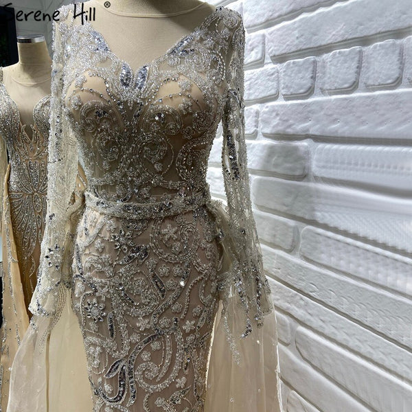 Serene Hill Muslim Nude Silver Overskirt Evening Dresses Gowns 2025 Mermaid Beaded Luxury Elegant For Woman Party LA71353