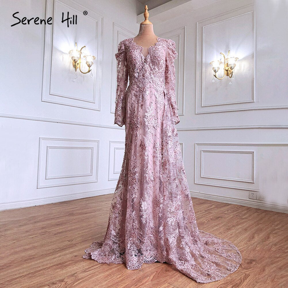 Muslim Pink Luxury Evening Dresses 2025 A-Line Beaded Long Sleeves For Women Party LA71311