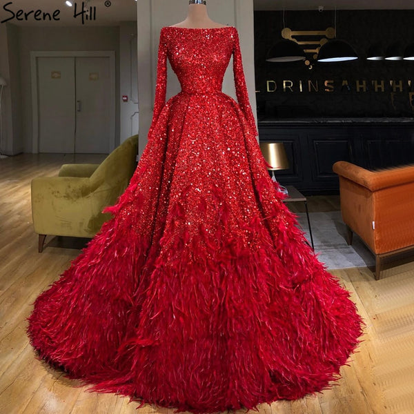 Serene Hill Muslim Red A-Line Luxury Evening Dresses Gowns 2025 Sparkle Feather For Women Party HM67124