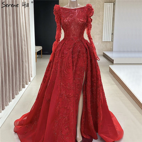 Serene Hill Muslim Red Luxury Evening Dresses Gowns 2025 Lace Beaded A-Line High Split For Women Party LA70445