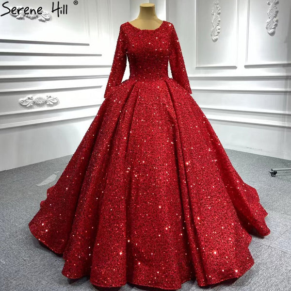 Serene Hill Muslim Red Luxury Wedding Dresses 2025 Sparkle Beaded Long Sleeves Bridal Gowns HA2513 Custom Made