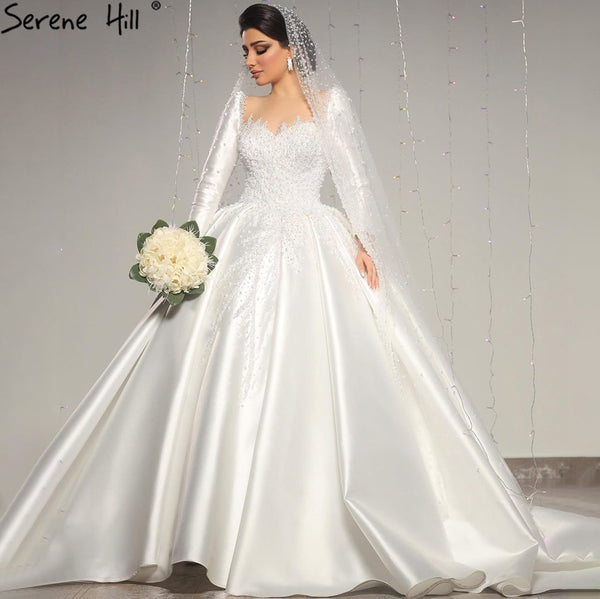 Serene Hill Muslim Satin White Luxury Wedding Dresses 2025 Beading Pearls Ball Gown Bridal Dress HM67259 Custom Made