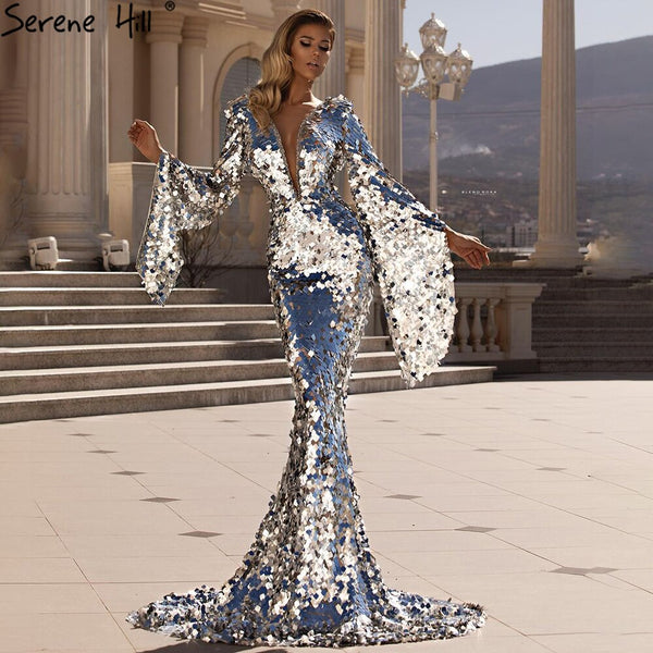 On Sale no return no refundSerene Hill Muslim Silver Mermaid Evening Dresses Gowns 2025 Flare Sleeves Elegant For Women Party LA70650
