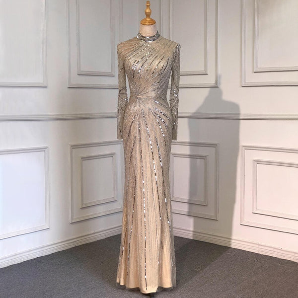 Serene Hill Muslim Sliver Nude Elegant Mermaid High Neck Evening Dresses Gowns Beaded Luxury 2025 For Women Party LA71735
