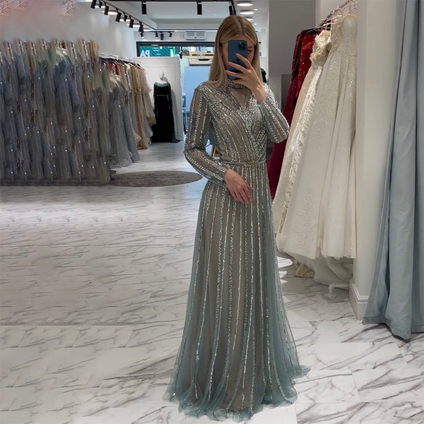 Serene Hill Muslim Turquoise A Line Beaded Luxury Dubai Long Evening Dresses Gowns For Women Wedding Party 2025 LA71812