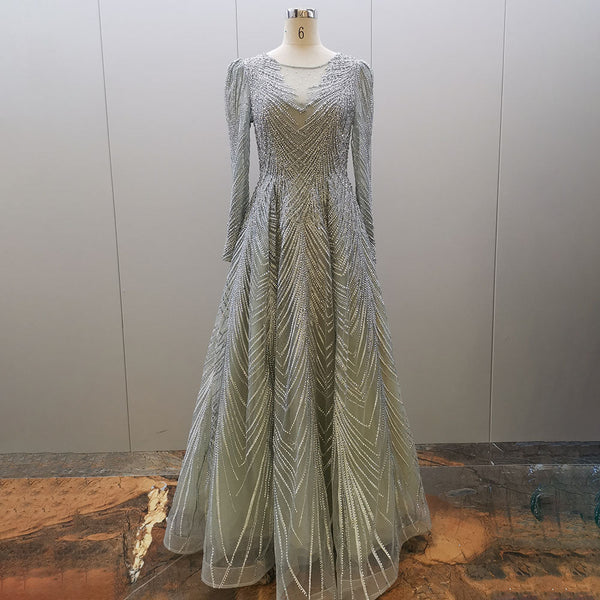 Serene Hill Muslim Turquoise A Line Long Sleeves O Neck Luxury Beaded Evening Dresses Gowns For Women Party 2025 LA71806