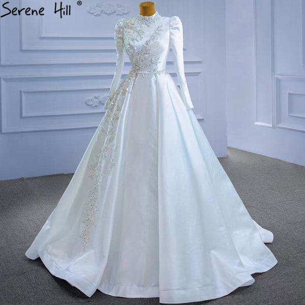 Serene Hill Muslim White A-Line Wedding Dresses 2025 Beaded High-end Satin Bride Gowns HM67396 Custom Made