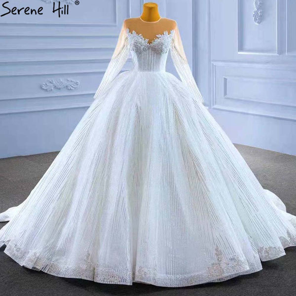 Serene Hill Muslim White Luxury Wedding Dresses 2025 Beaded Lace Up High-end Bride Gowns HM67388 Custom Made