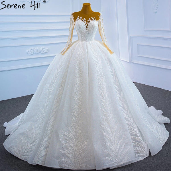 Serene Hill Muslim White Luxury Wedding Dresses 2025 Glitter Long Sleeves High-end Lace Up Bridal Dress HM67235