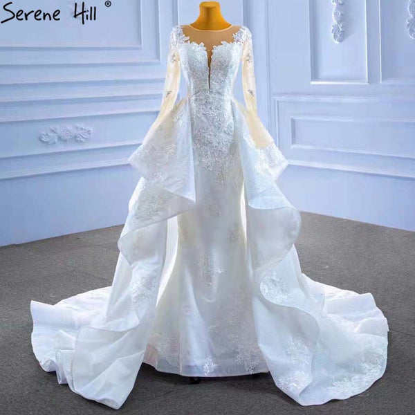 Serene Hill Muslim White OverSkirt  Wedding Dresses Gowns 2023 Mermaid Elegant Lace High-end Bridal Dress HM67416