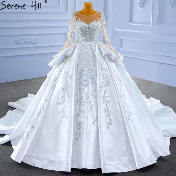 Serene Hill Muslim White Ruffles Beaded Wedding Dresses 2025 Satin Luxury Lace Up Bride Gowns HM67329 Custom Made