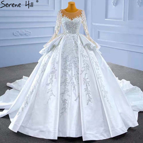 Serene Hill Muslim White Ruffles Beaded Wedding Dresses 2023 Satin Luxury Lace Up Bride Gowns HM67329 Custom Made