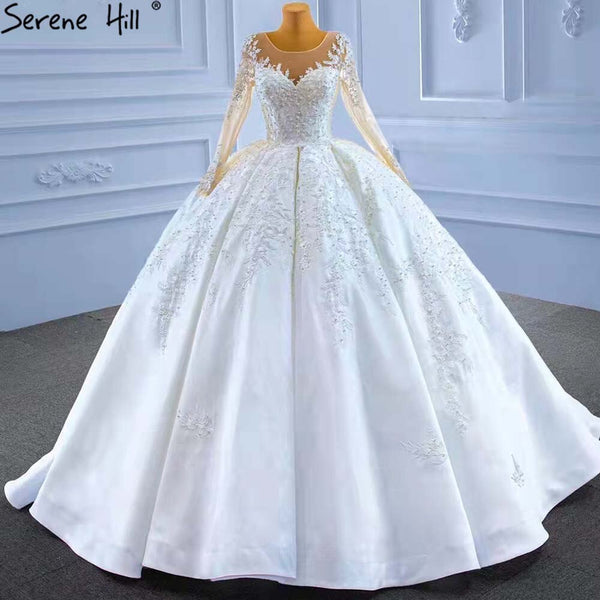 Serene Hill Muslim White Satin Wedding Dresses 2025 Beaded High-end Lace Up Bride Gowns HM67415 Custom Made