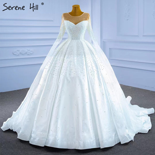 Serene Hill Muslim White Satin Wedding Dresses 2025 Beaded Pearl High-end Bride Gowns HM67279 Custom Made