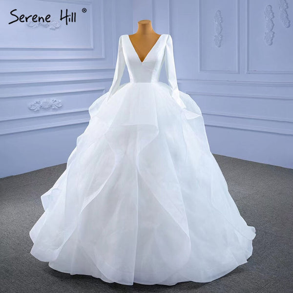 Serene Hill Muslim White Simple Wedding Dresses 2025 Ruched Lace Up High-end Bride Gowns HM67310 Custom Made