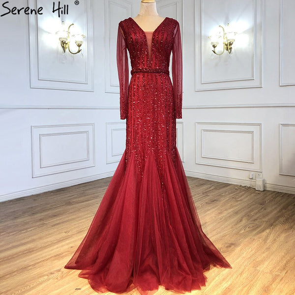 Serene Hill Muslim Wine Red Beaded Evening Dresses Gowns 2025 Mermaid Elegant Luxury For Women Party LA71134