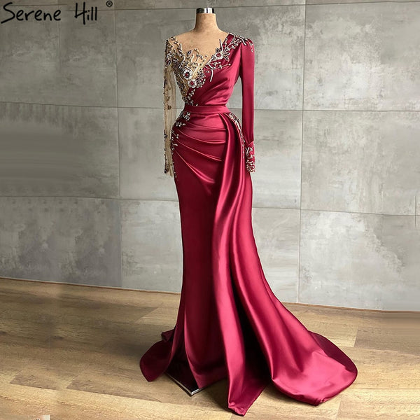 Serene Hill Muslim Wine Red Luxury Mermaid Evening Dresses Gowns 2025 Satin Elegant Beading For Women Party LA70990