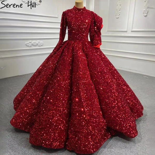 Serene Hill Muslim Wine Red Sequined Wedding Dresses 2025 Long Sleeves Luxury Sparkle Bridal Gowns HA2522 Custom Made