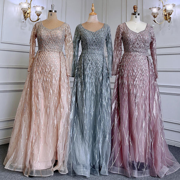 Serene Hill Muslim  grey With Overskirt O-Neck Evening Dresses Gowns Luxury Beaded 2025 For Woman Party LA71723