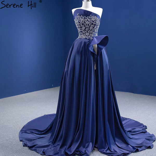 Serene Hill Navy Blue A-Line High Split vening Dresses Gowns 2025 Beaded Satin Sexy For Women Party HM67374