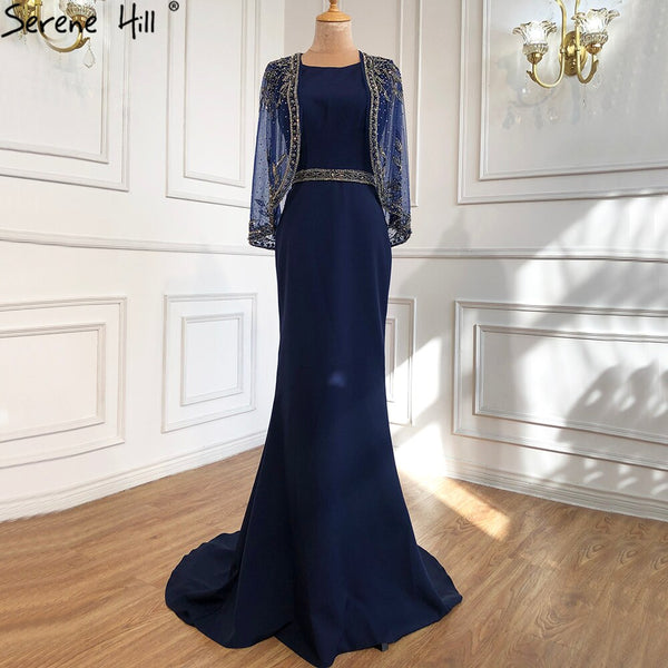 Serene Hill Navy Blue Mermaid Elegant Evening Dresses Gowns 2025 Satin Beading Shawl Yarn Sexy For Women Party LA70884