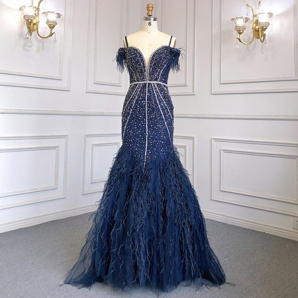 Luxury Feathers Navy Blue Prom Evening Dresses LA71656