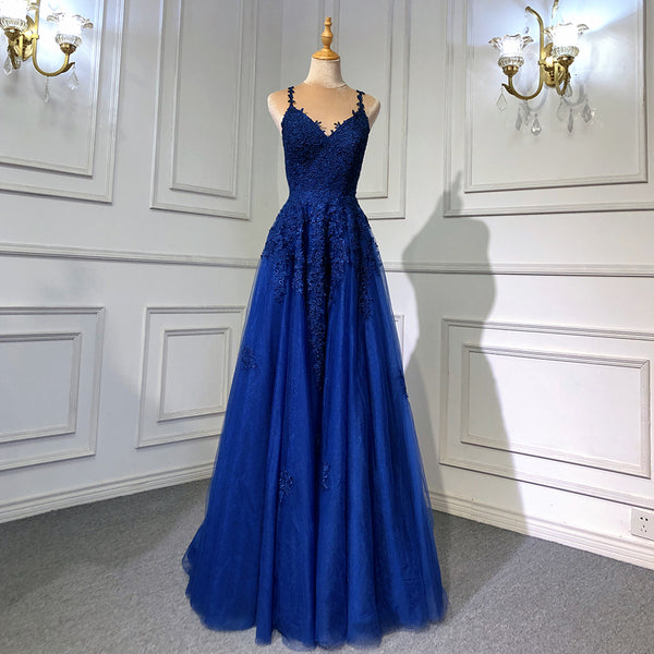 Serene Hill Navy Blue Mermaid Elegant Spaghetti Strap Evening Dresses Gowns 2025 Backless Lace Up For Women Party LA71641