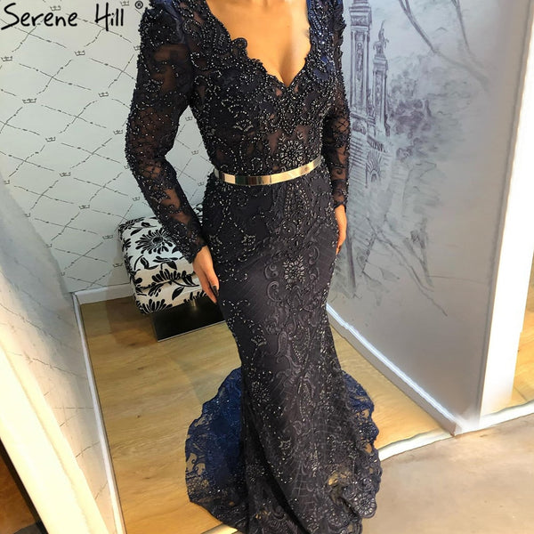 Serene Hill Navy Blue Mermaid Lace Beaded  Muslim Luxury Evening Dresses Gowns 2025 Party  For Woman LA71075