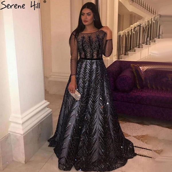 Serene Hill Navy Blue Muslim Velvet Evening Dresses Gowns 2025 Beaded Luxury A-Line For Woman Party LA71078