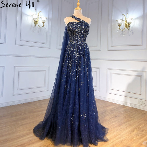 Serene Hill Navy Blue One Shouler Cape Sleeve Evening Dresses Gowns 2025 A-Line Beaded Luxury For Woman Party LA71432