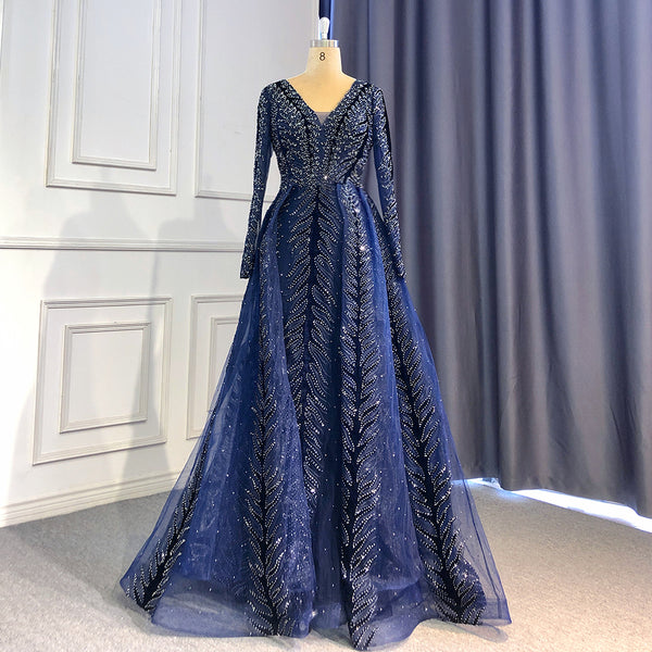 Serene Hill Navy Blue Velvet Muslim Mermaid Elegant Evening Dresses Beaded Long Sleeves With Skirt Not Removable 2025 LA71691