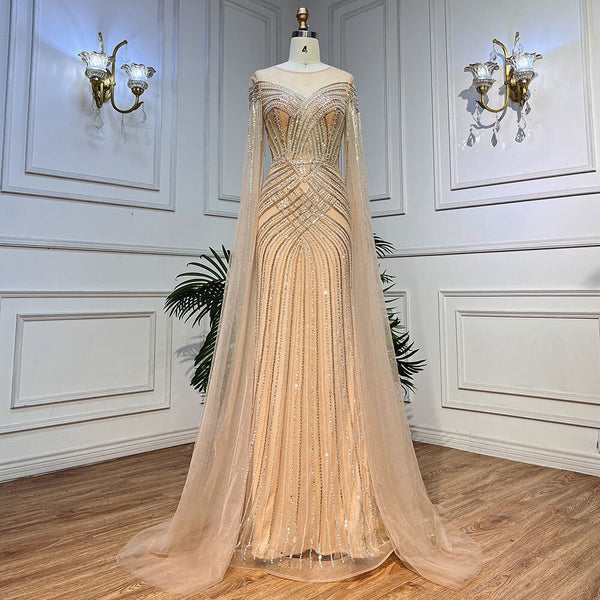 Serene Hill Nude Arabic Mermaid Cape Sleeves O-neck Beaded Evening Dresses Luxury Gowns 2025 For Women Wedding Party LA72012