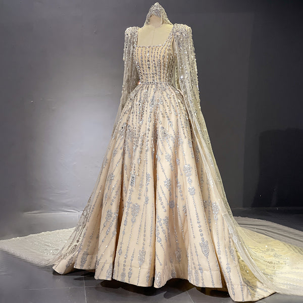 Serene Hill Nude Luxury A-Line  Evening Dresses Gowns 2025 Beaded Cape Sleeves For Women Party LA71614