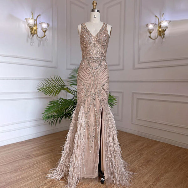 Serene Hill Nude Luxury Mermaid Evening Dresses Gowns 2025 Beaded Feather Elegant For Women Wedding Party LA71868