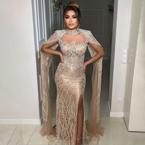 Serene Hill Nude Mermaid Elegant Sexy High Collar Cape Sleeves Luxury Beaded Evening Dresses Gowns 2025 For Women Party LA71747