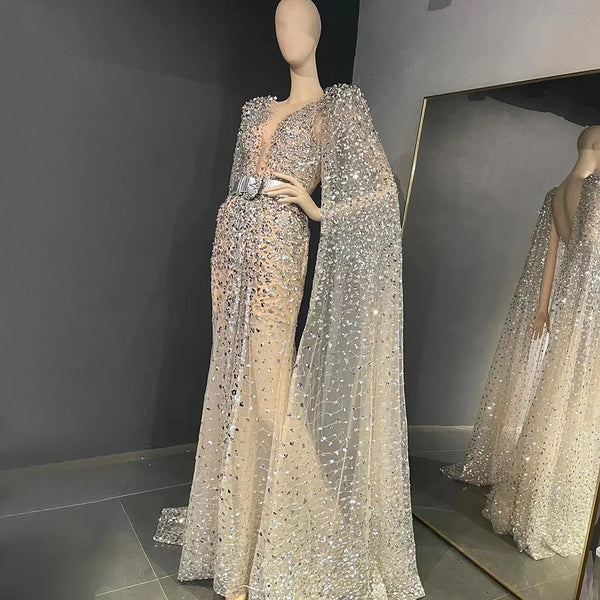 Serene Hill Nude Mermaid Evening Gown with Luxury Cape Sleeves Beaded Elegance and Backless for Women's Party 2025 LA71561