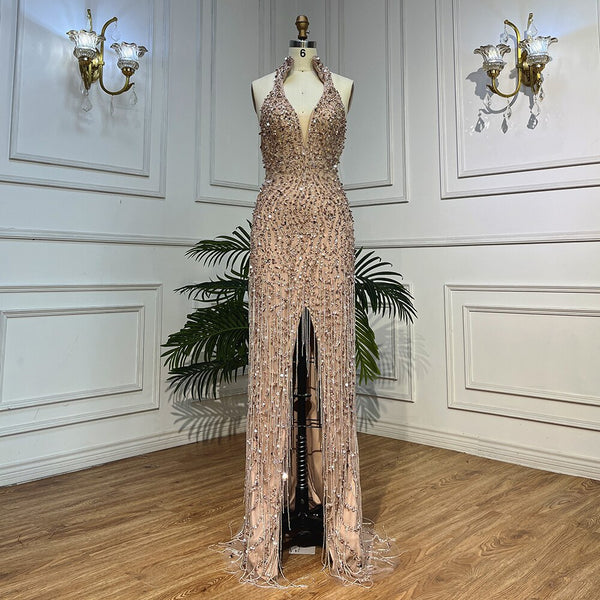 Serene Hill Nude Mermaid Sexy Halter High Split Beads Arabic Evening Dresses  Gowns For Women Wedding Party 2025 LA72025