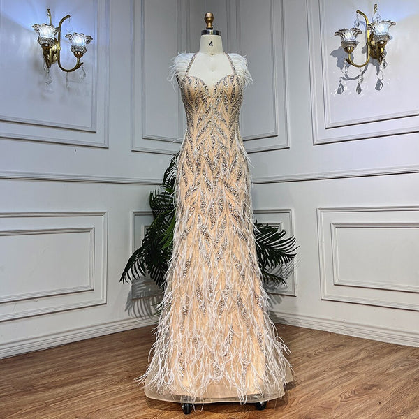 Serene Hill Nude Sexy Strap Mermaid Luxury Feather Beads Evening Dresses Dubai Gowns For Women Wedding Party 2025 LA72010