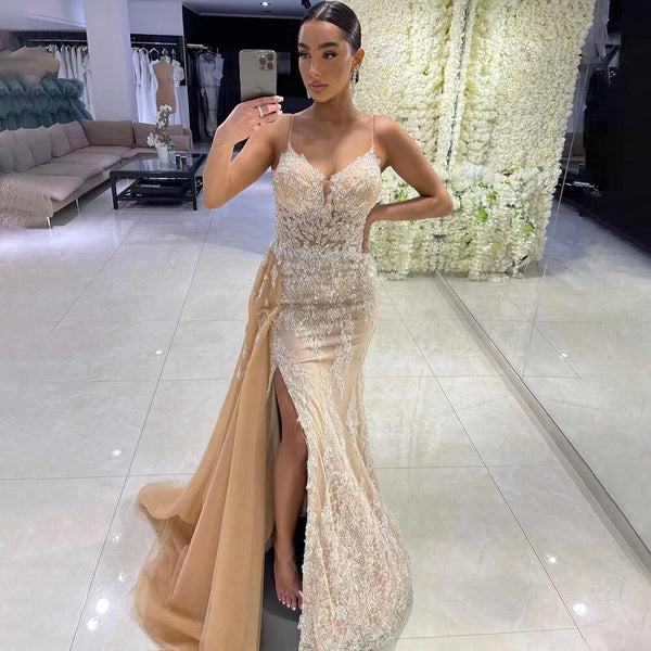 Serene Hill Nude Spaghetti Strap Luxury Evening Dresses Gowns 2025 Mermaid Beaded Elegant Overskirt For Women Party LA71599