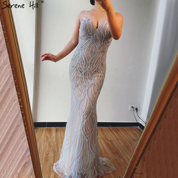 Serene Hill Nude White Mermaid Evening Dresses Gowns 2025 Spaghetti Strap Luxury Elegant For Women Party  LA70214