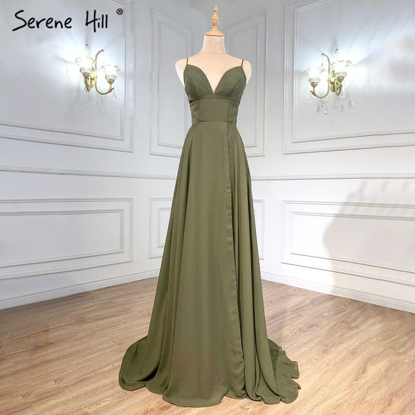 Serene Hill Olive Green Satin Evening Dresses Gowns 2025 Spaghetti Strap Simple For Women Party LA71298