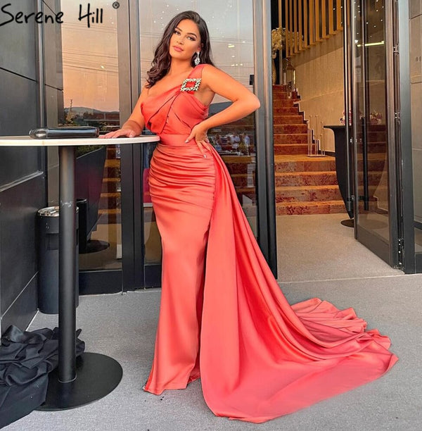 Serene Hill Orange Mermaid With Overskirt Evening Dresses Gowns 2025 Mermaid Elegant Satin For Women Party LA71403